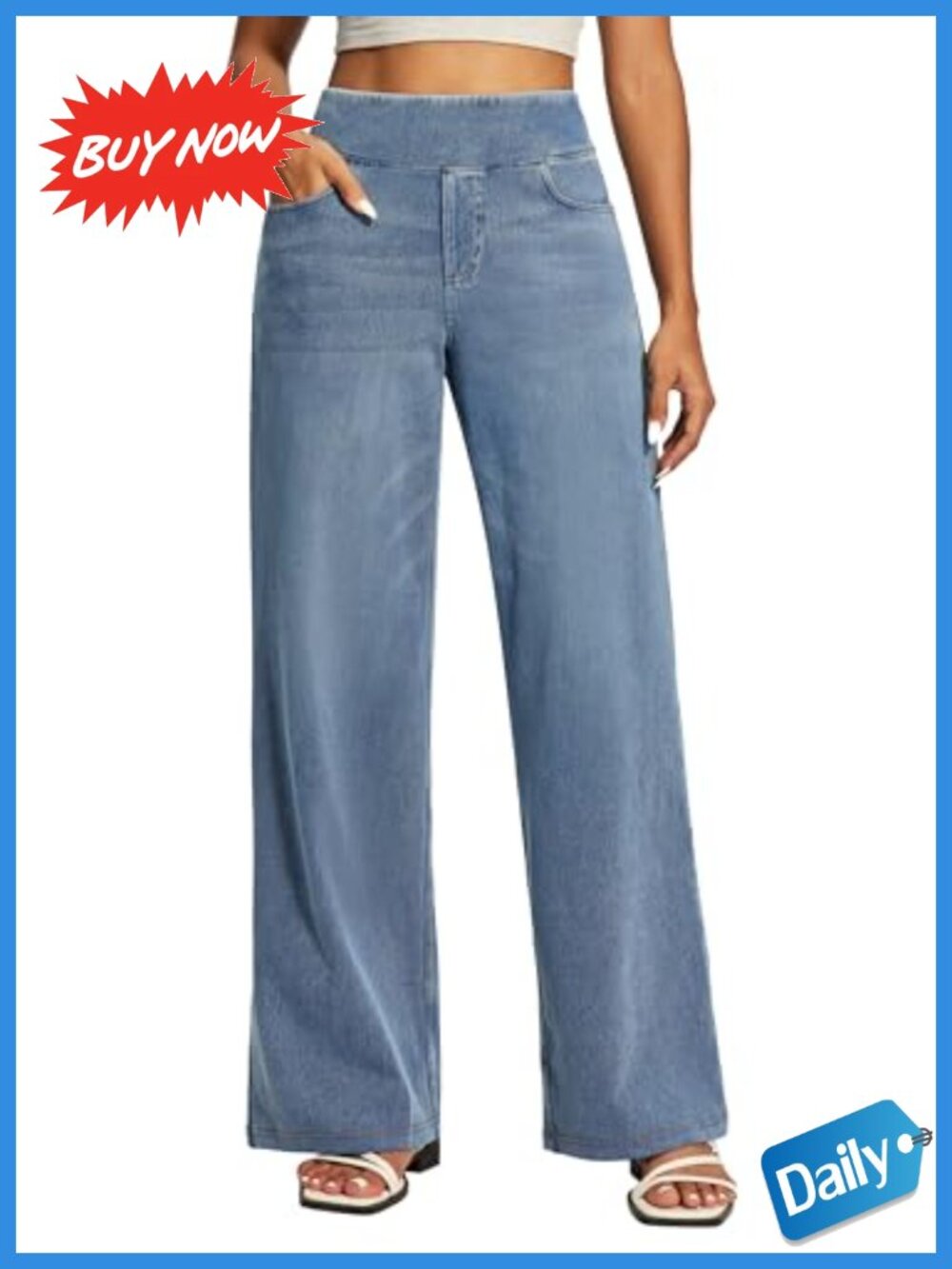 Wide Leg Jeans High Waisted Pull On Stretch Denim Pants